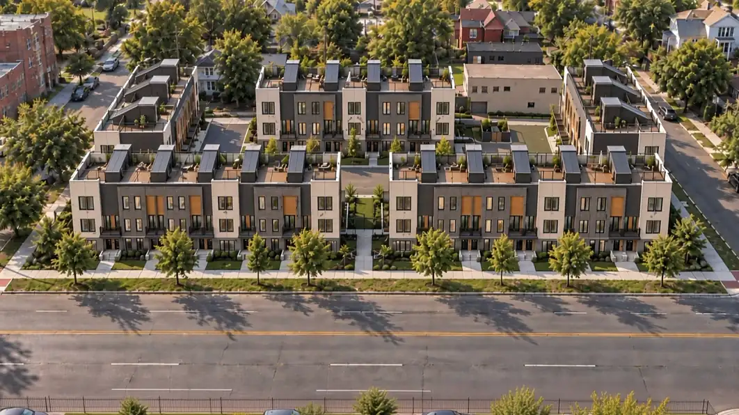 Aerial rendering of Trumbull North, five buildings around a private court on Trumbull