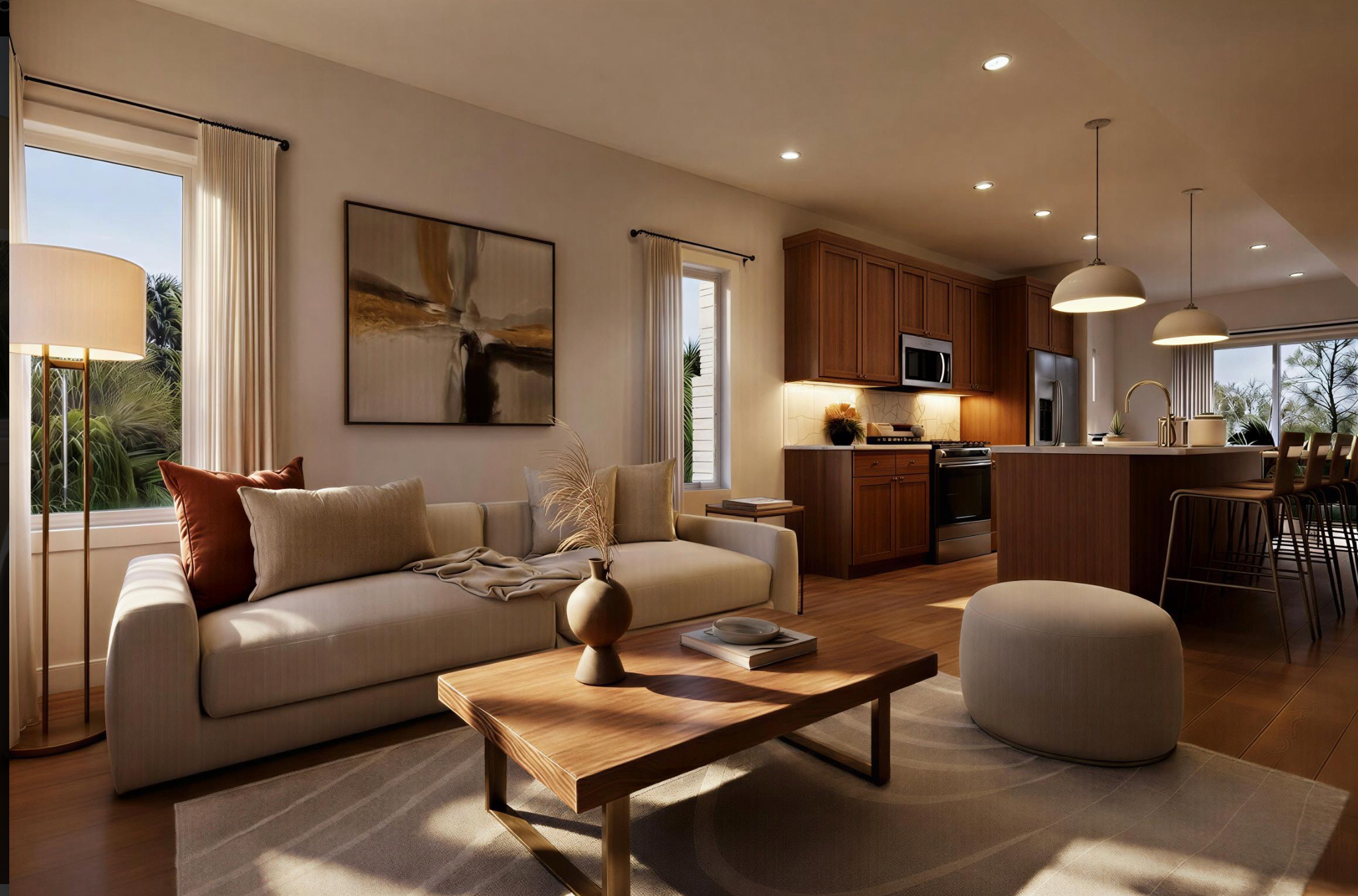 Open living, kitchen and island