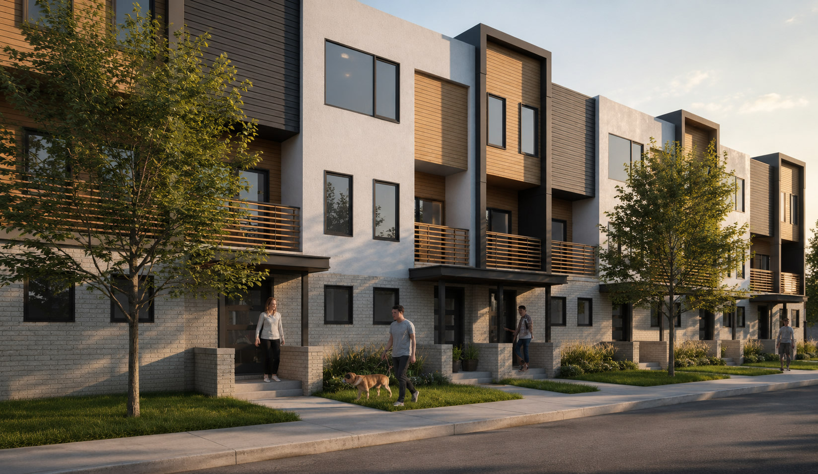 Trumbull North townhomes at dusk