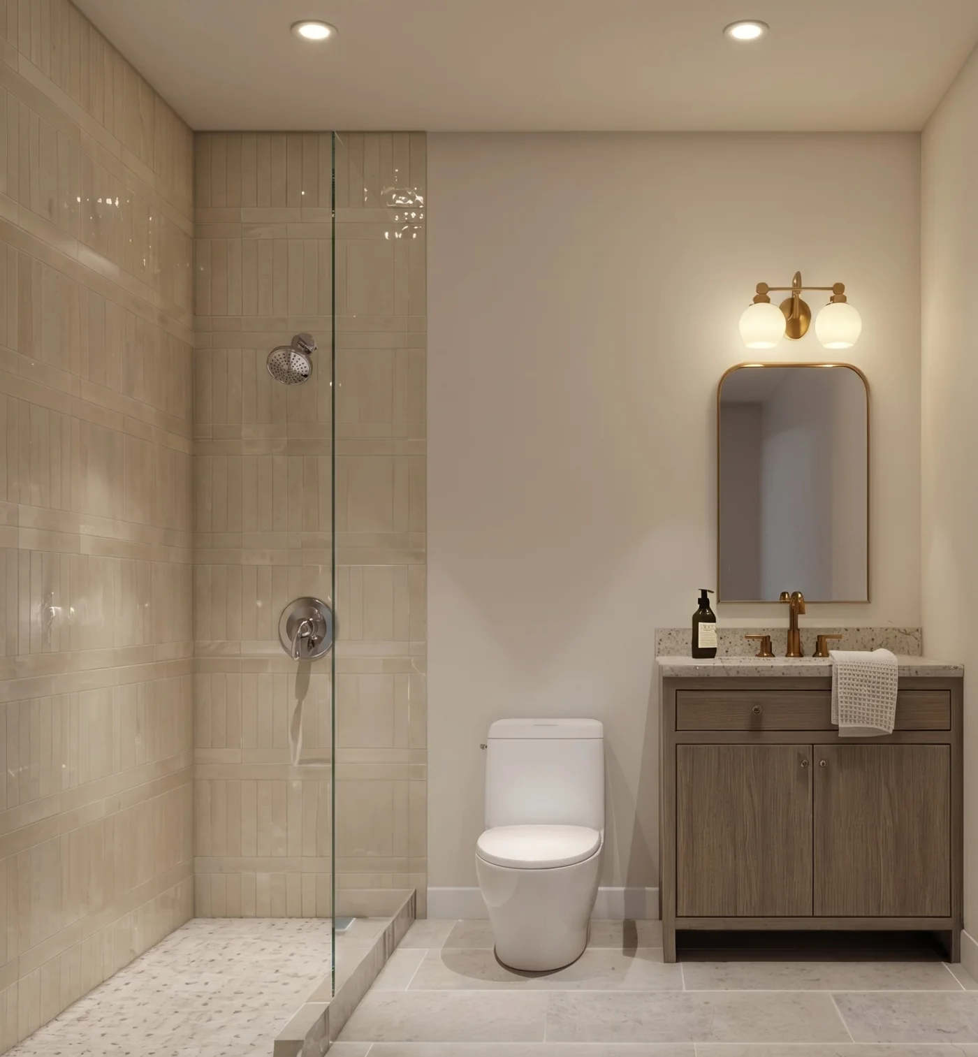 Rendering of a bath with a walk-in glass shower and wood vanity