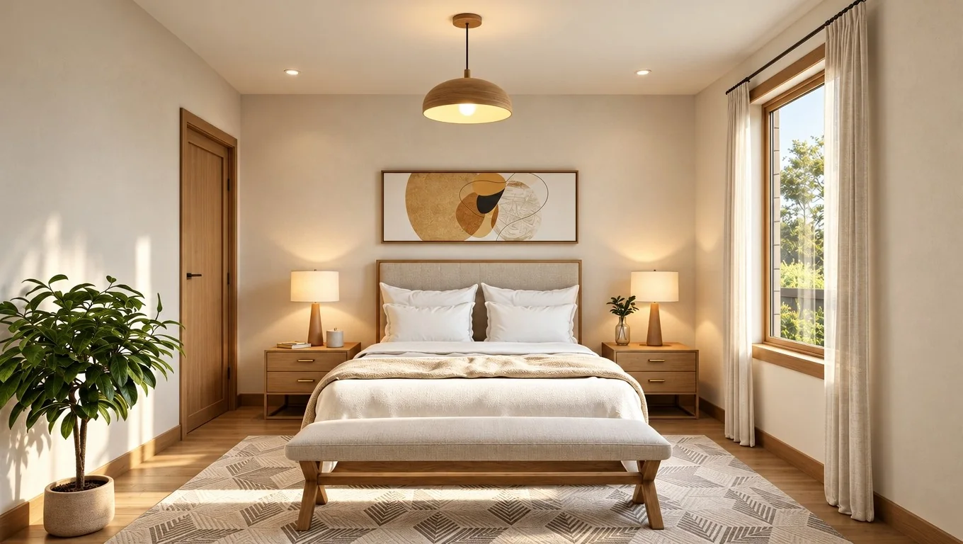 Bedroom with an upholstered bed, oak nightstands, a pendant light and a tall window