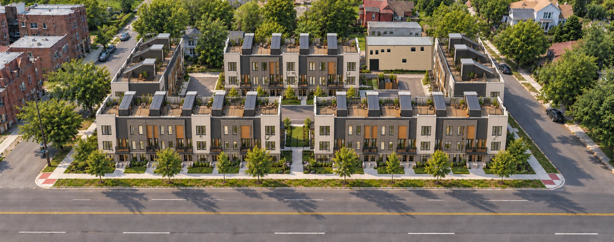 Aerial rendering of Trumbull North: five buildings around a private court, two fronting Trumbull