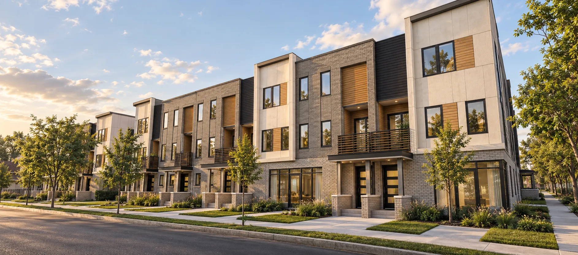 Rendering of the Trumbull frontage: ivory panel, warm grey brick, charcoal siding and cedar