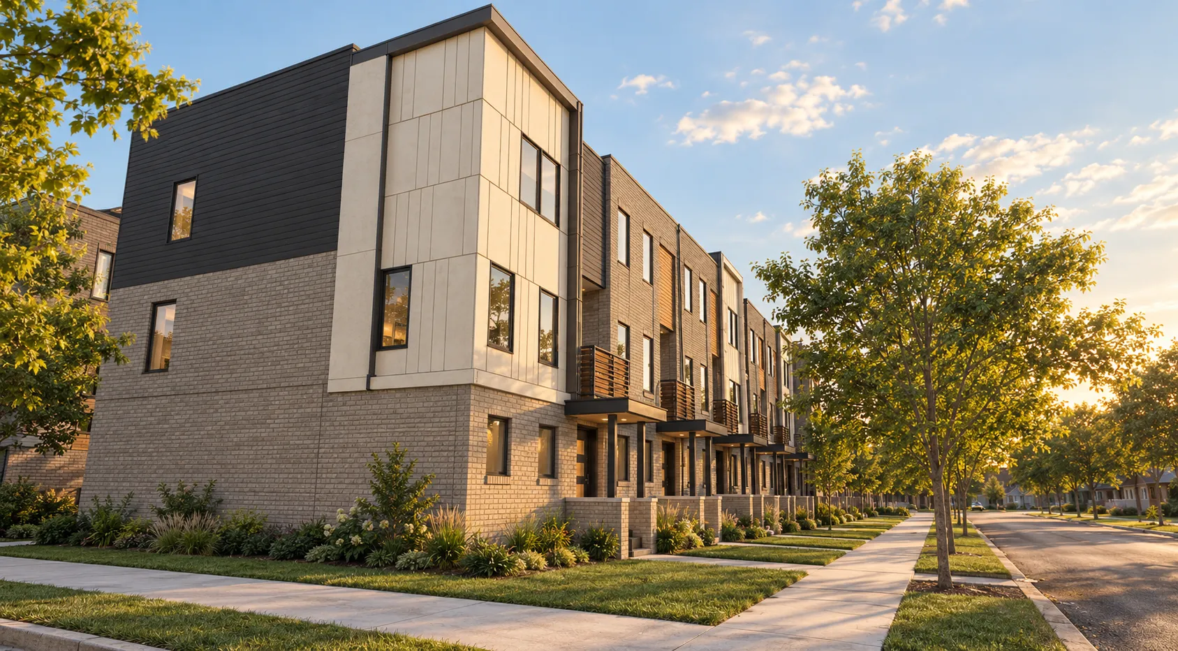 Rendering of brick-pier front porches on new North Corktown townhomes for sale