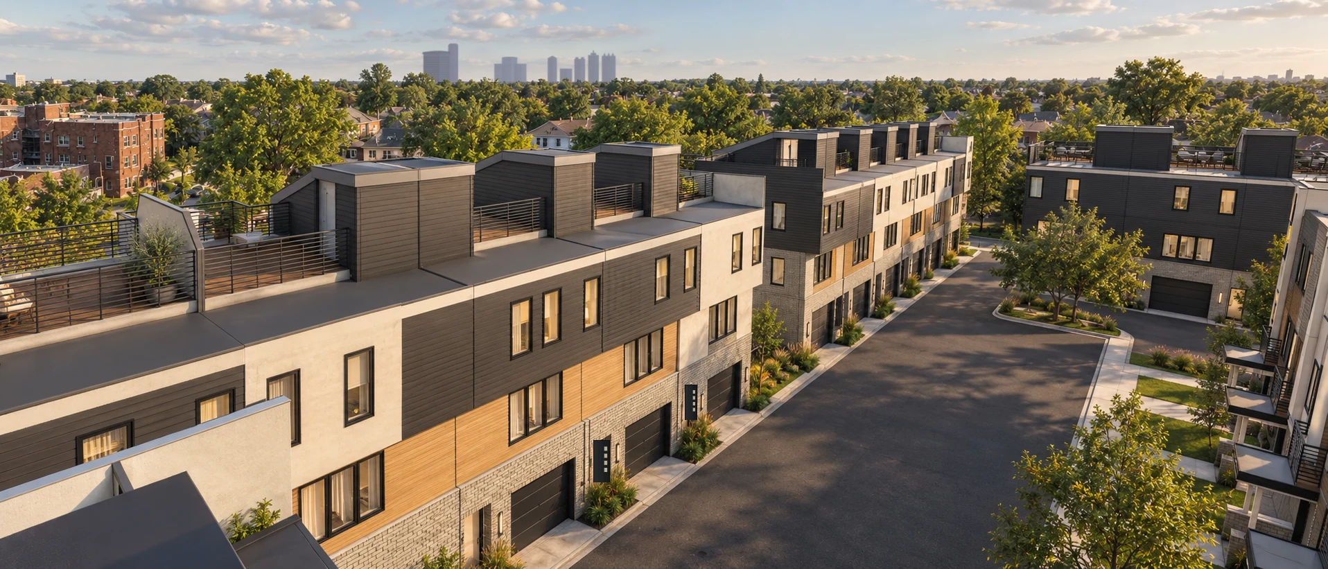 Rendering of private rooftop terraces above the court, Detroit beyond