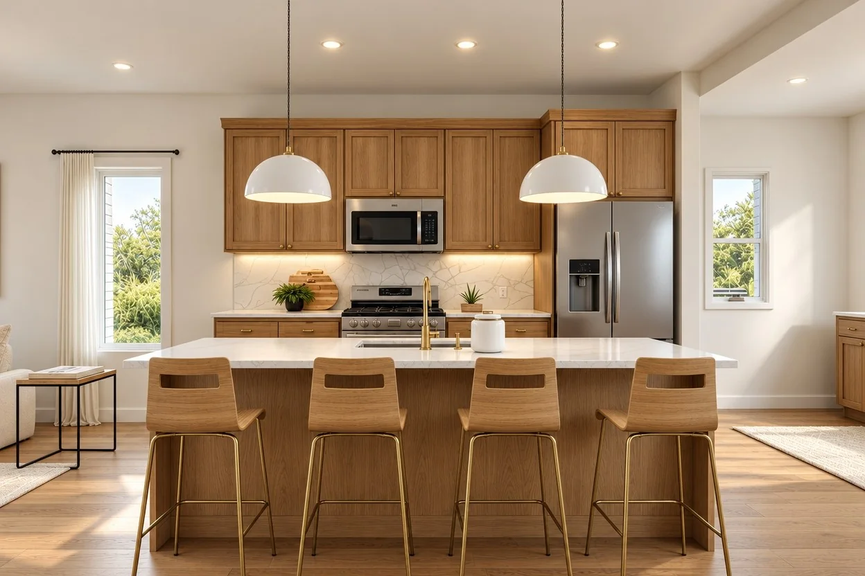 Kitchen with a white stone island, four counter stools, oak cabinetry and brass fixtures