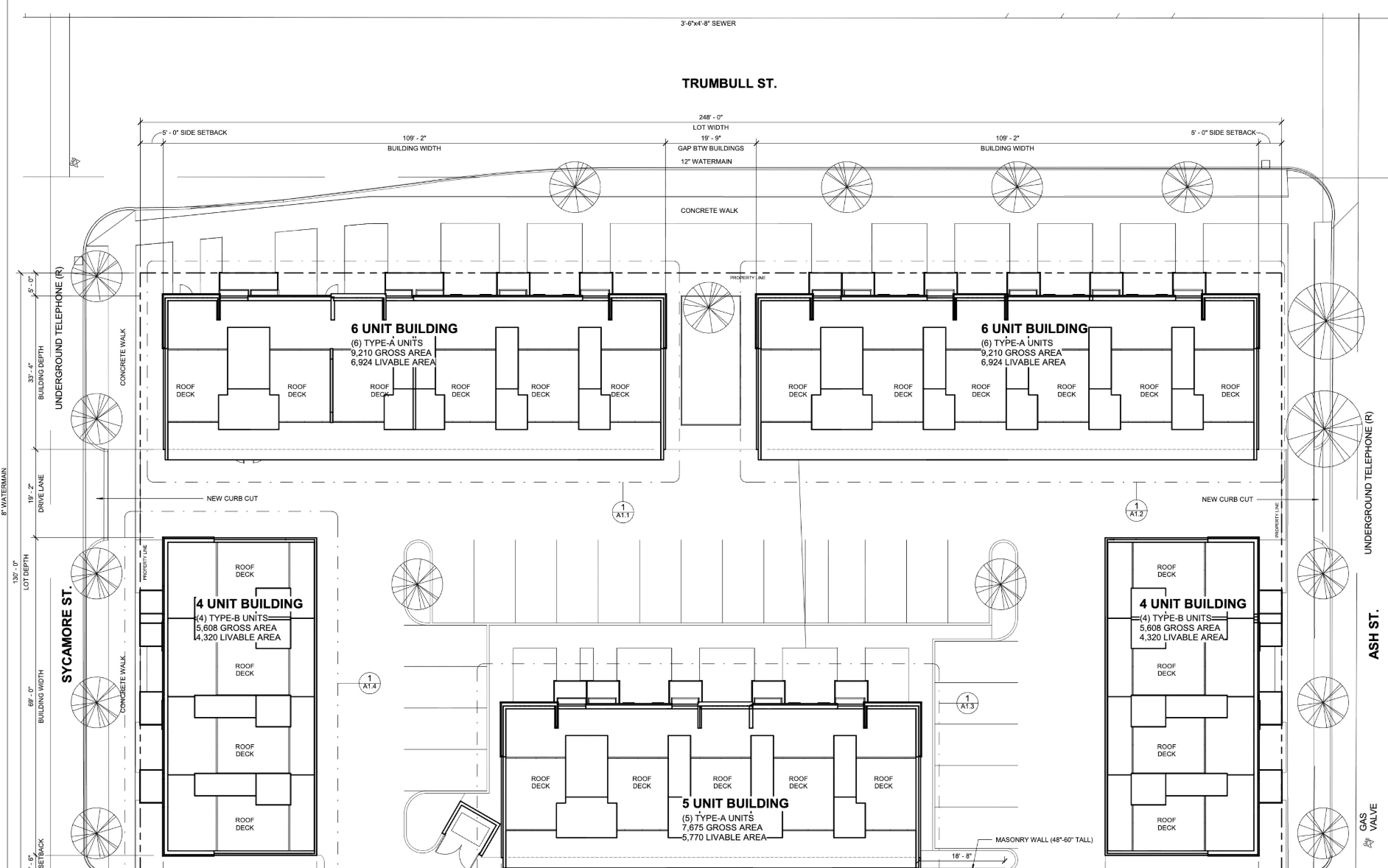 Architectural site plan SP1.1 by 4545 Architecture with the 12 Phase 1 homes highlighted on the two buildings facing Trumbull